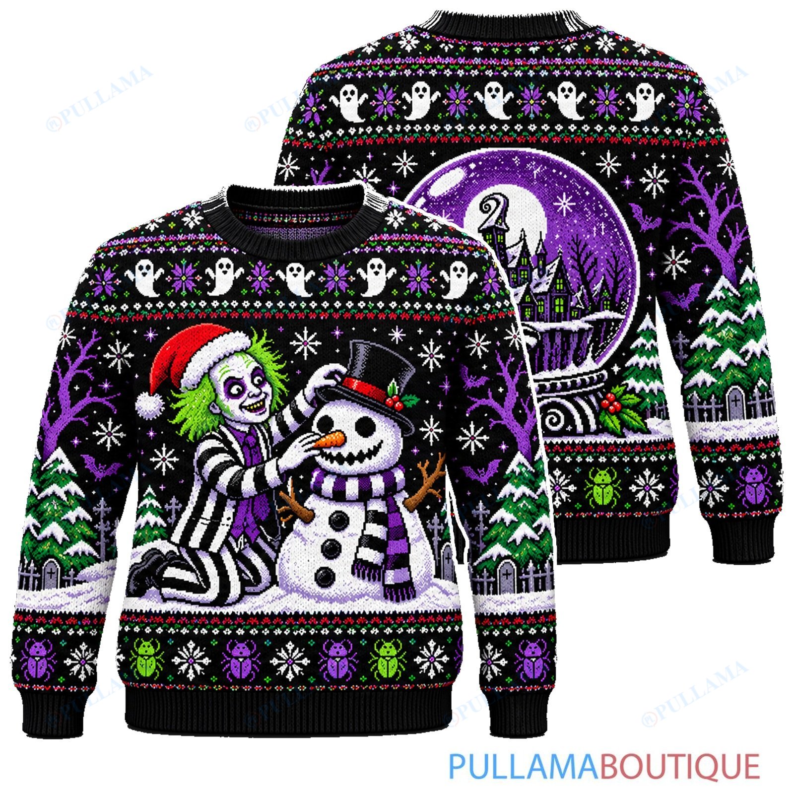 Beetlejuice Snowman and Haunted Snow Globe ugly christmas sweater