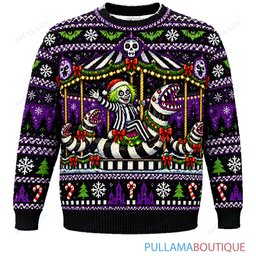 Beetlejuice Haunted Holiday Carousel ugly christmas sweater