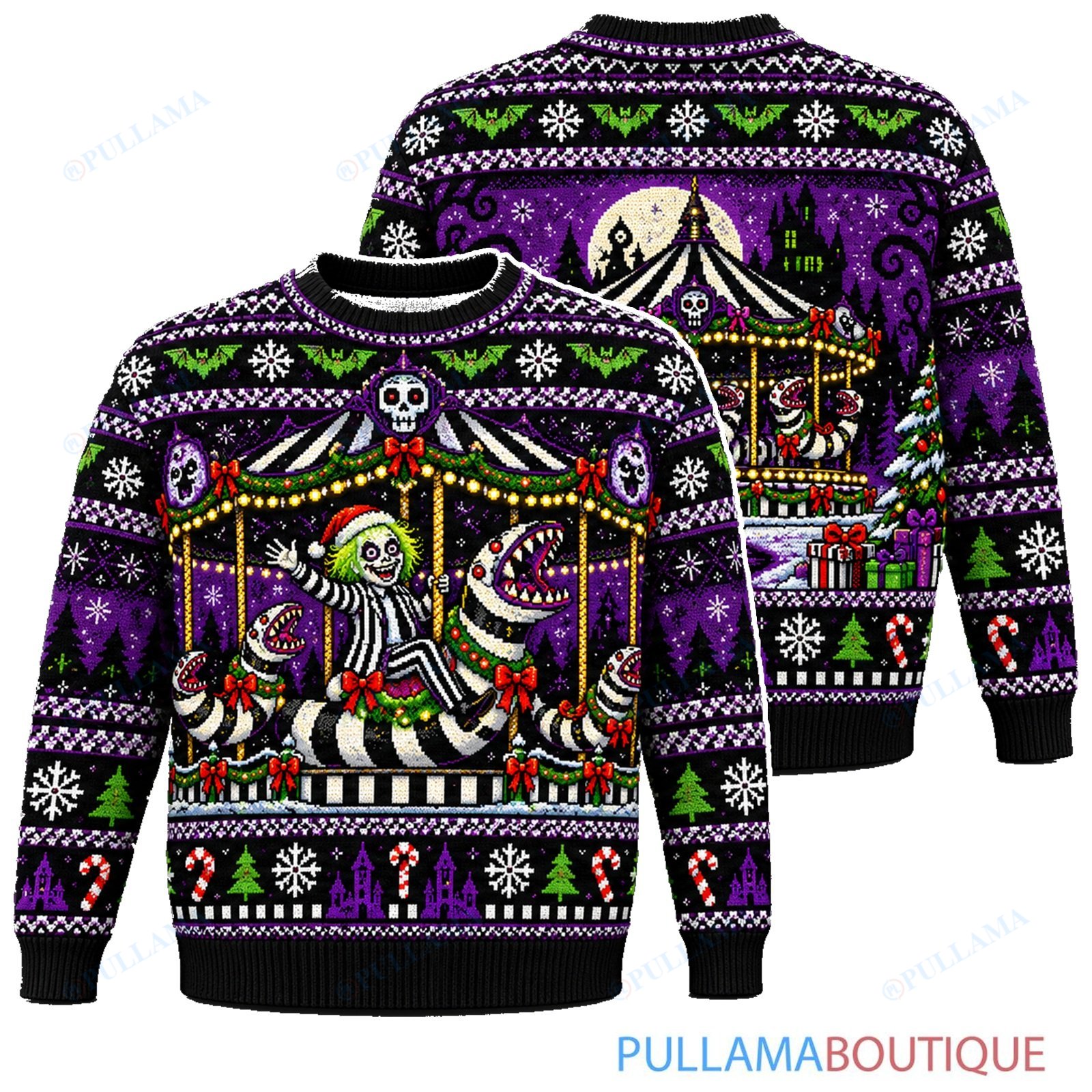 Beetlejuice Haunted Holiday Carousel ugly christmas sweater