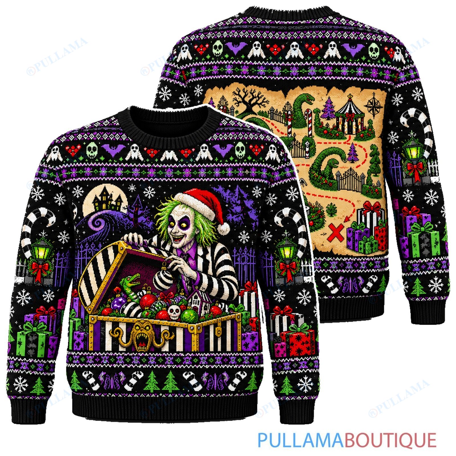 Beetlejuice Christmas Treasure Chest ugly christmas sweater