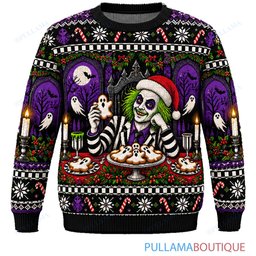 Beetlejuice Christmas Dinner by the Fireplace ugly christmas sweater