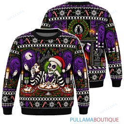 Beetlejuice Christmas Dinner by the Fireplace ugly christmas sweater