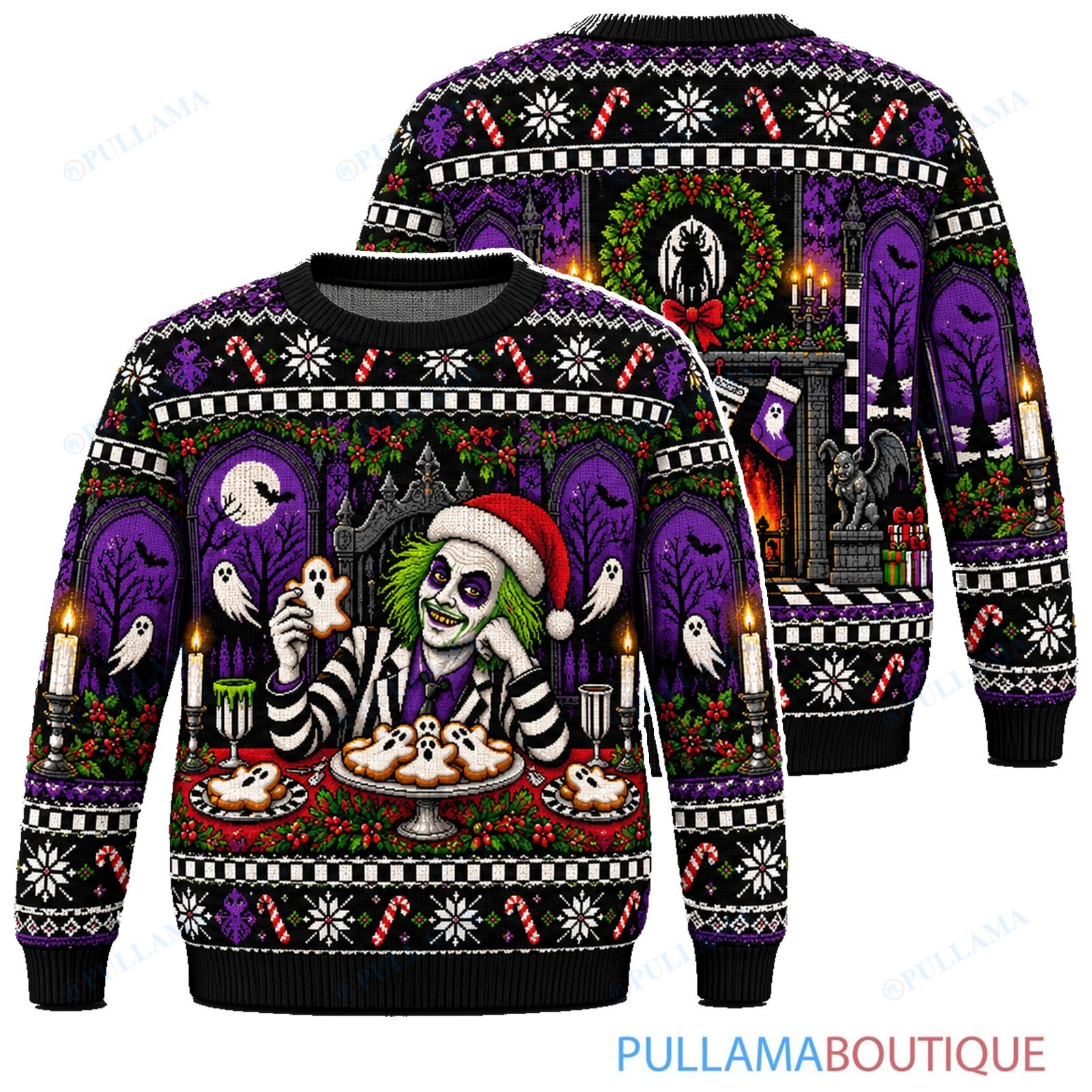 Beetlejuice Christmas Dinner by the Fireplace ugly christmas sweater