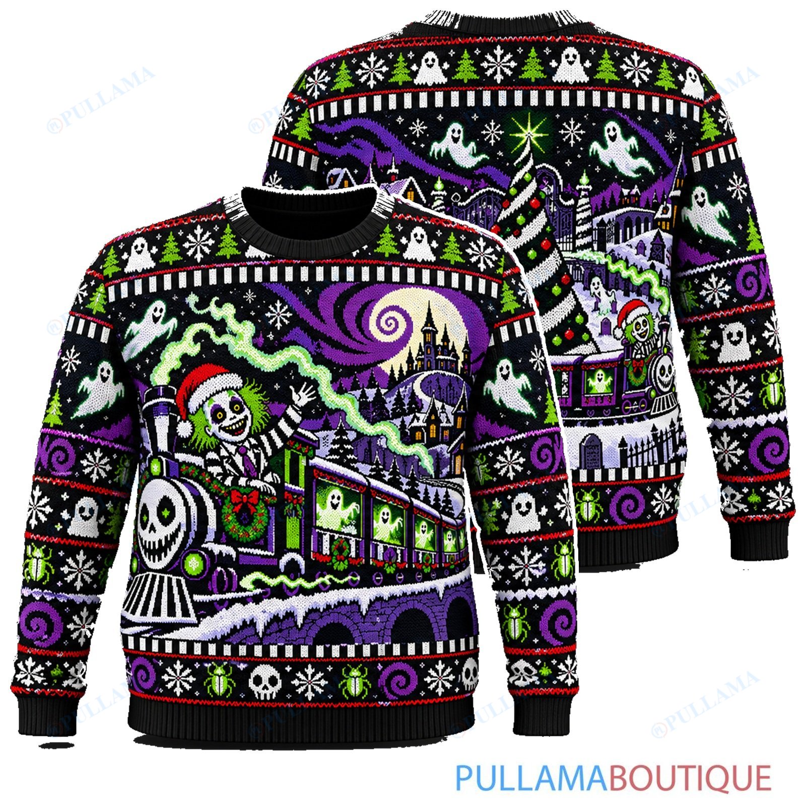 Beetlejuice Ghost Christmas Train ugly christmas sweater