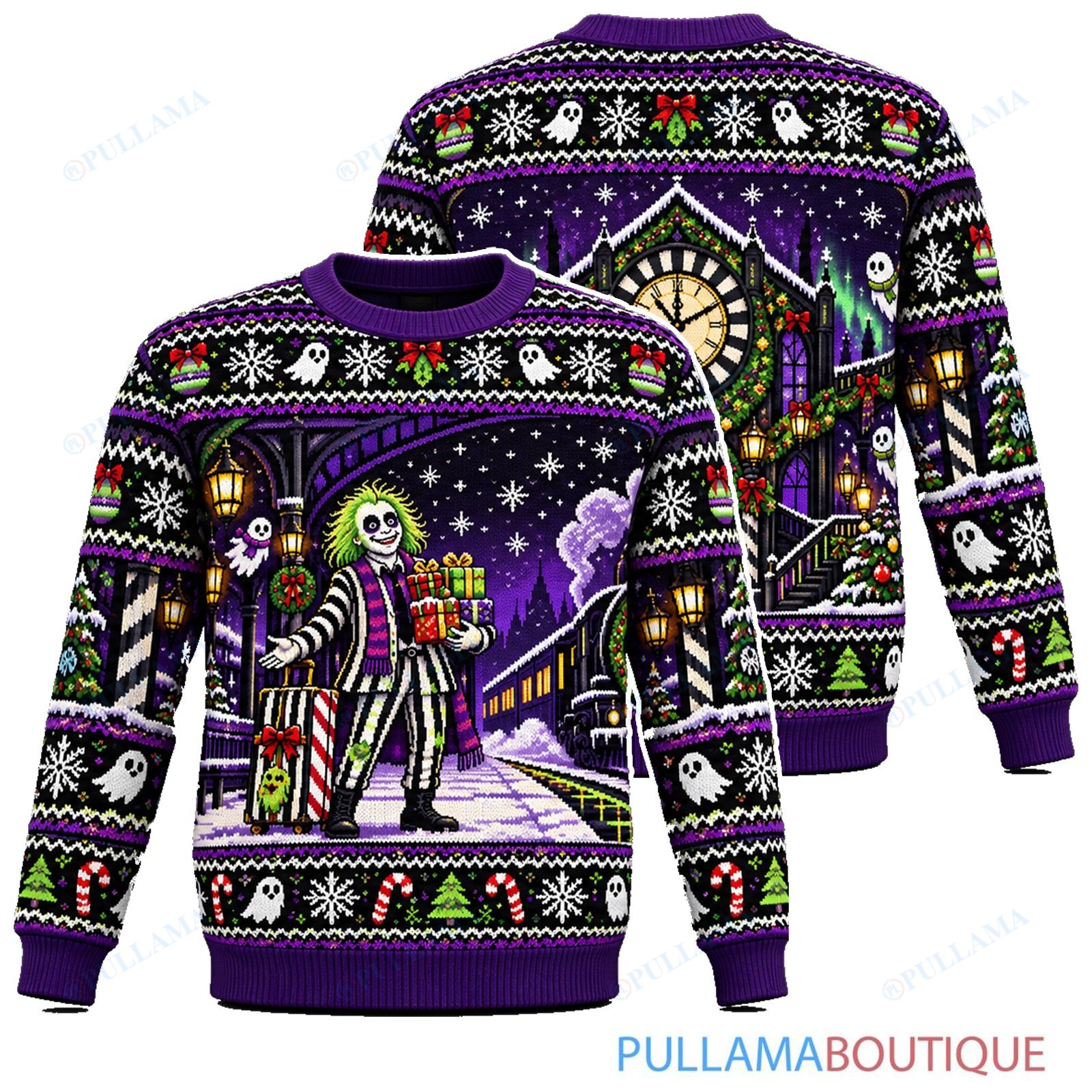 Beetlejuice Christmas Clock Tower ugly christmas sweater