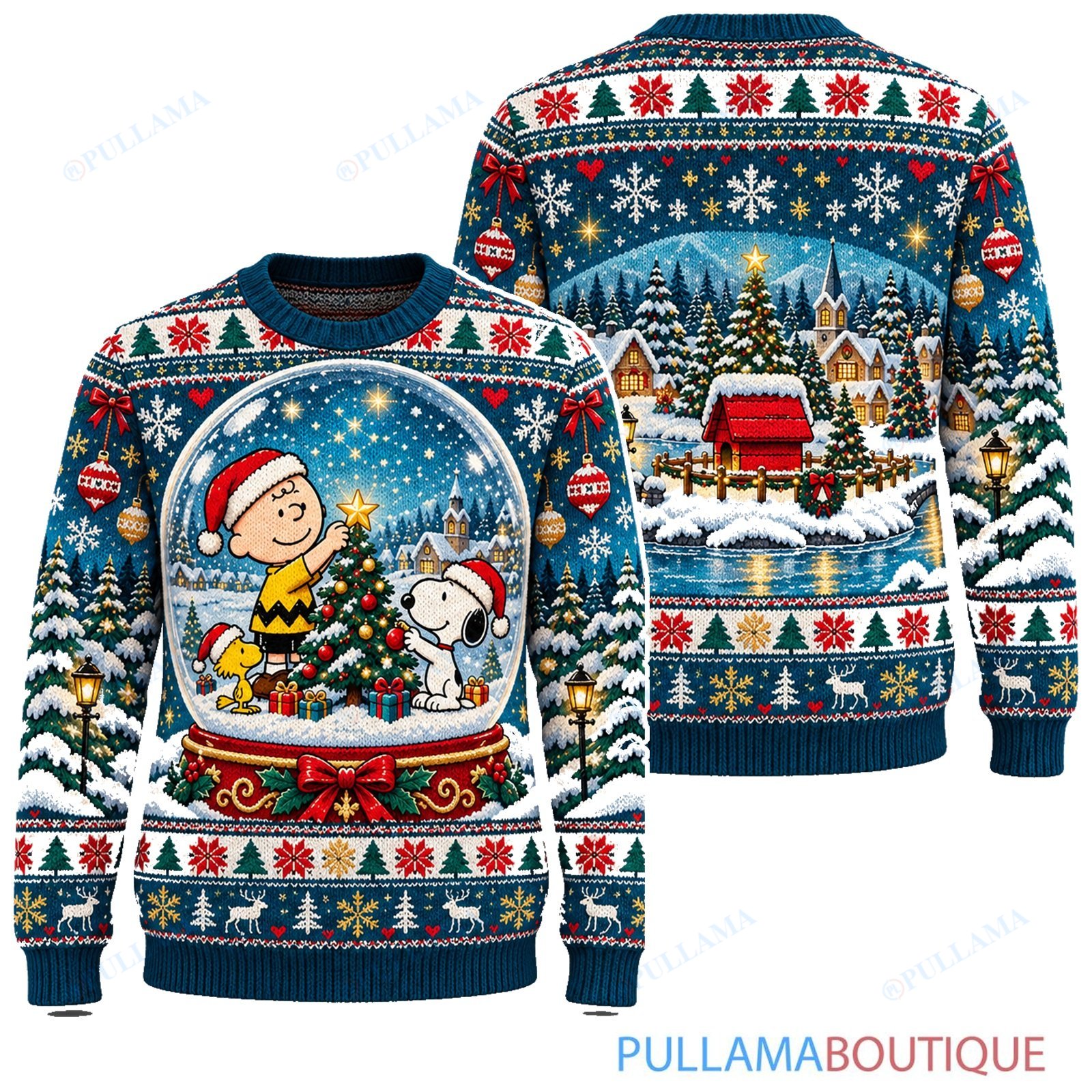 Snoopy Joe Cool Holiday Snowglobe Village ugly christmas sweater