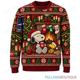 Snoopy Joe Cool Cozy Fireplace Storybook ugly christmas sweater