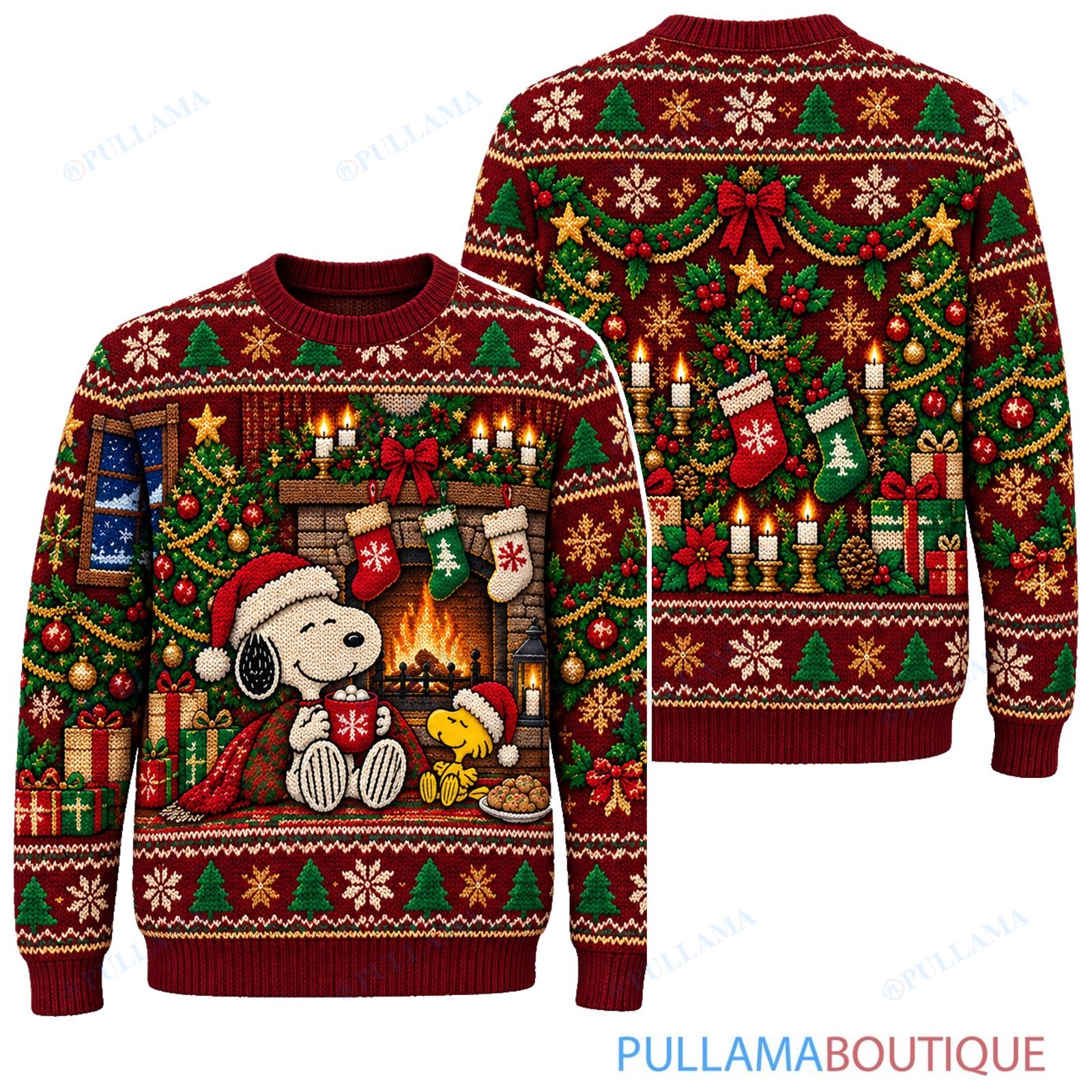 Snoopy Joe Cool Cozy Fireplace Storybook ugly christmas sweater