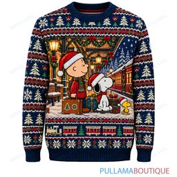 Snoopy Joe Cool Christmas Railway Station ugly christmas sweater