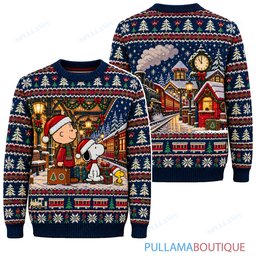 Snoopy Joe Cool Christmas Railway Station ugly christmas sweater