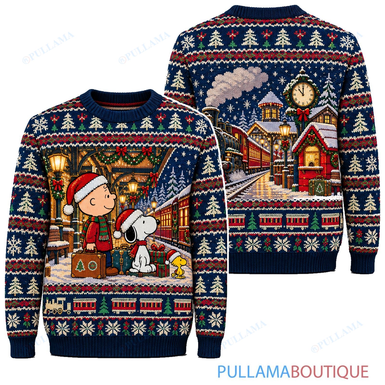 Snoopy Joe Cool Christmas Railway Station ugly christmas sweater