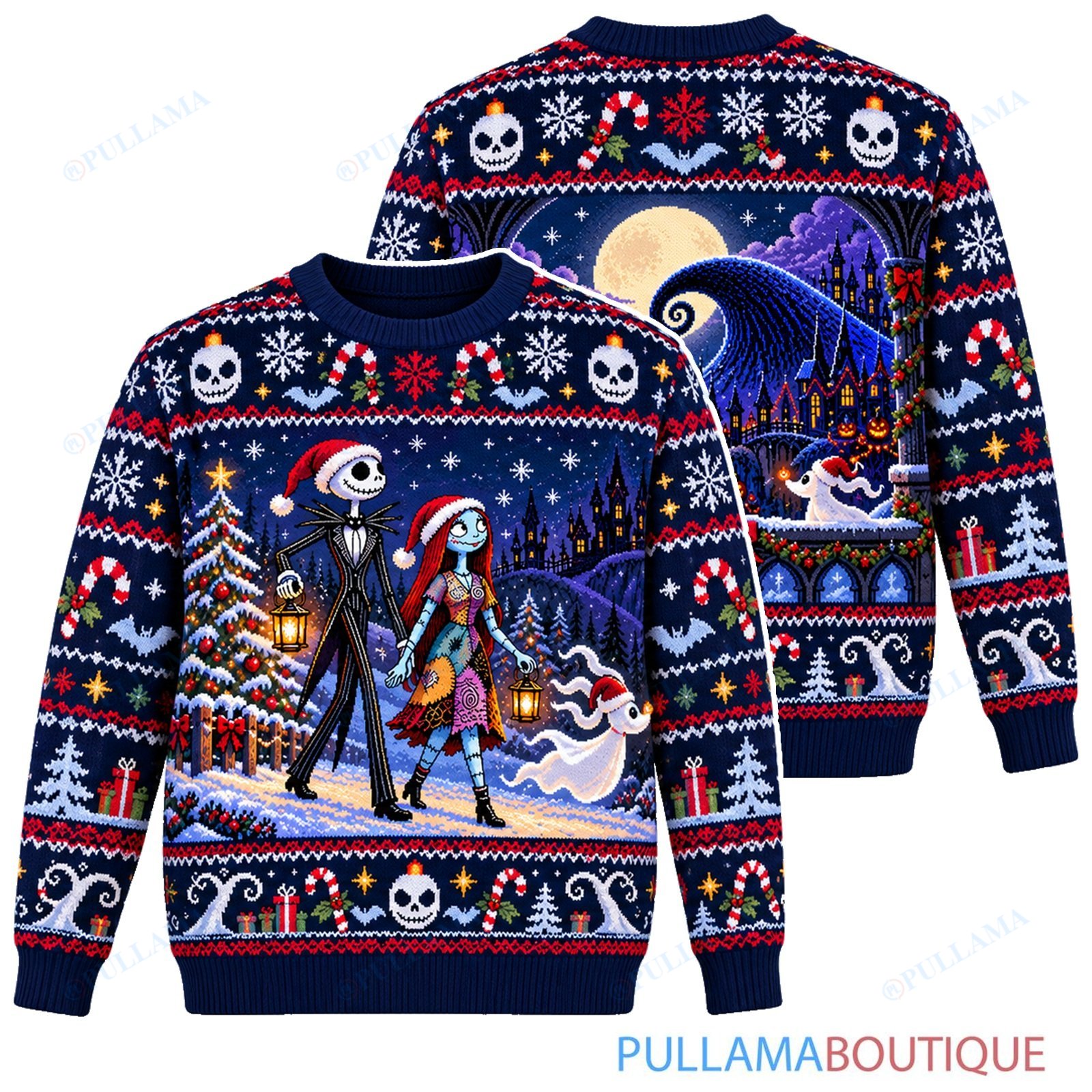 Jack Skellington Jack Sally Lantern Walk ugly christmas sweater