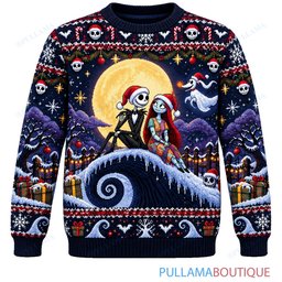 Jack Skellington Spiral Hill Snowy Moon ugly christmas sweater