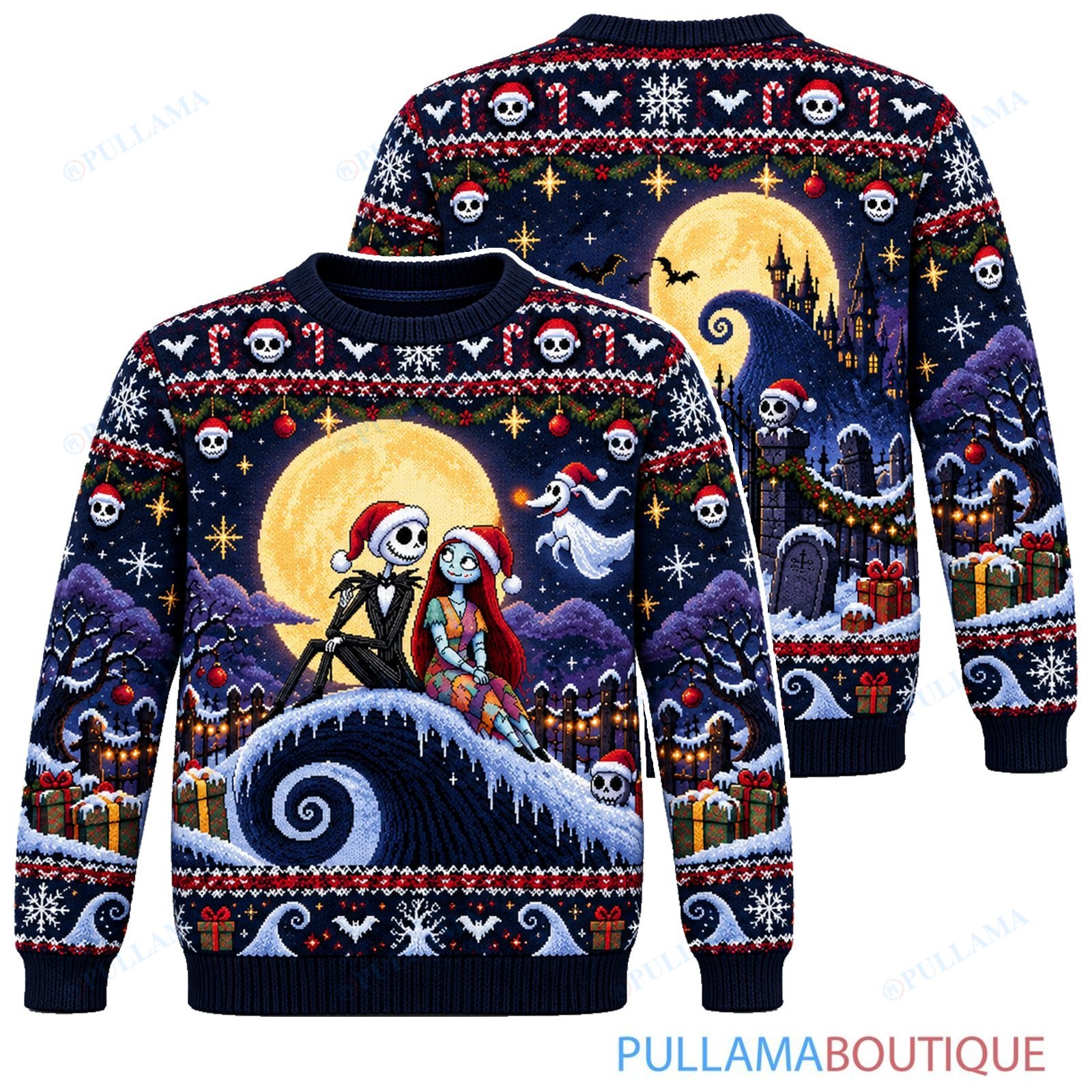 Jack Skellington Spiral Hill Snowy Moon ugly christmas sweater