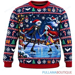 Jack Skellington Jack Sally Ice Skating ugly christmas sweater