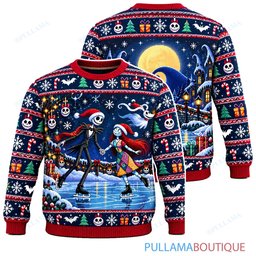 Jack Skellington Jack Sally Ice Skating ugly christmas sweater