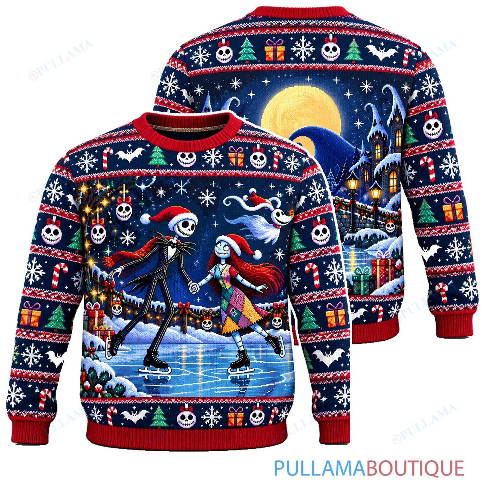 Jack Skellington Jack Sally Ice Skating ugly christmas sweater