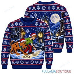 Scooby Doo Frozen Clocktower Midnight ugly christmas sweater