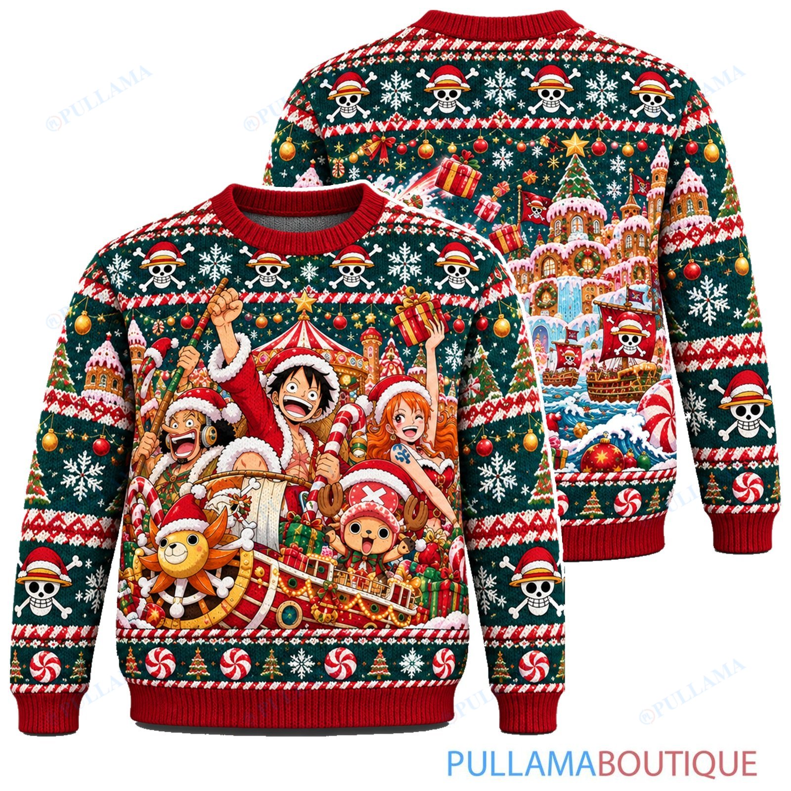 One Piece Candy Cane Pirate Carnival ugly christmas sweater