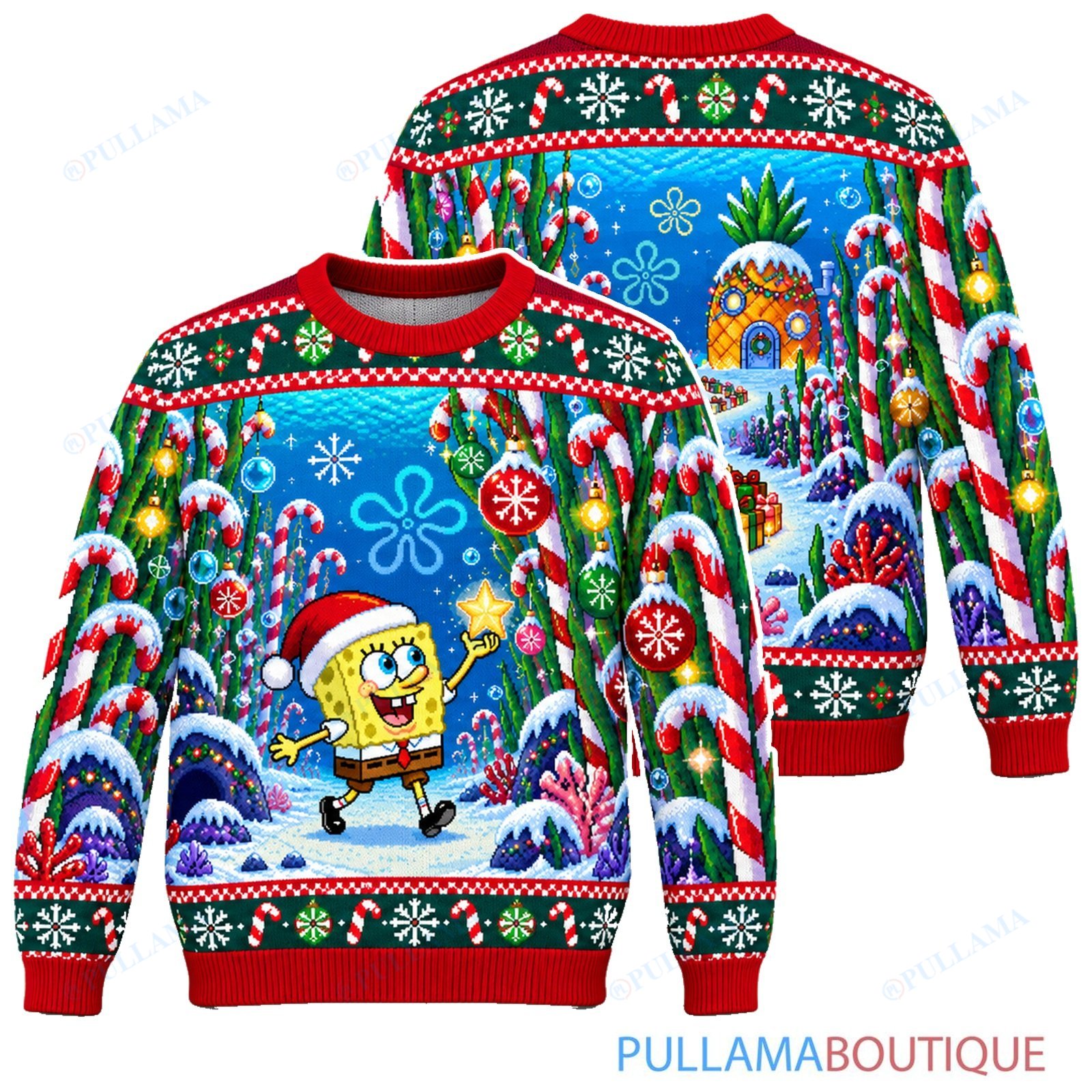 Spongebob Squarepants Candy Cane Kelp Forest ugly christmas sweater