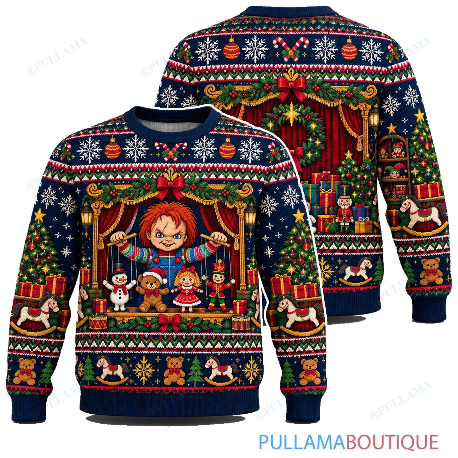 Chucky Holiday Puppet Theater ugly christmas sweater