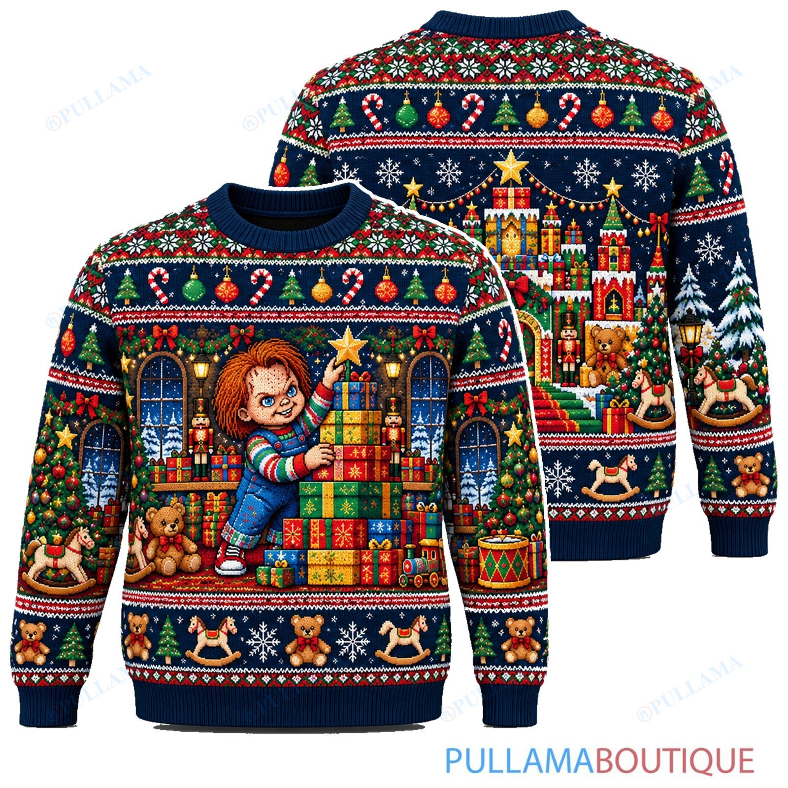 Chucky Christmas Present Tower ugly christmas sweater
