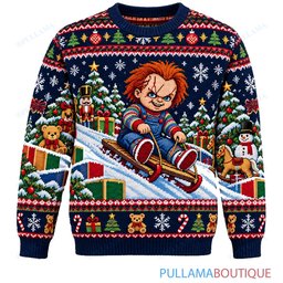 Chucky Christmas Sledding Adventure ugly christmas sweater
