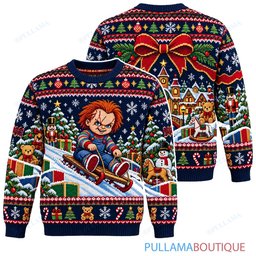 Chucky Christmas Sledding Adventure ugly christmas sweater