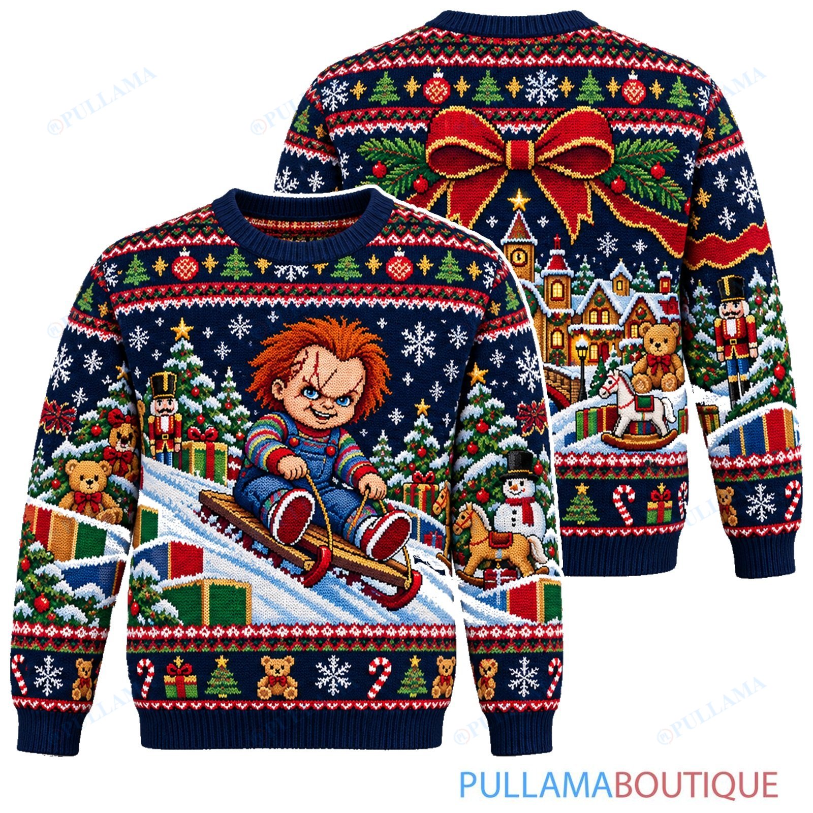 Chucky Christmas Sledding Adventure ugly christmas sweater