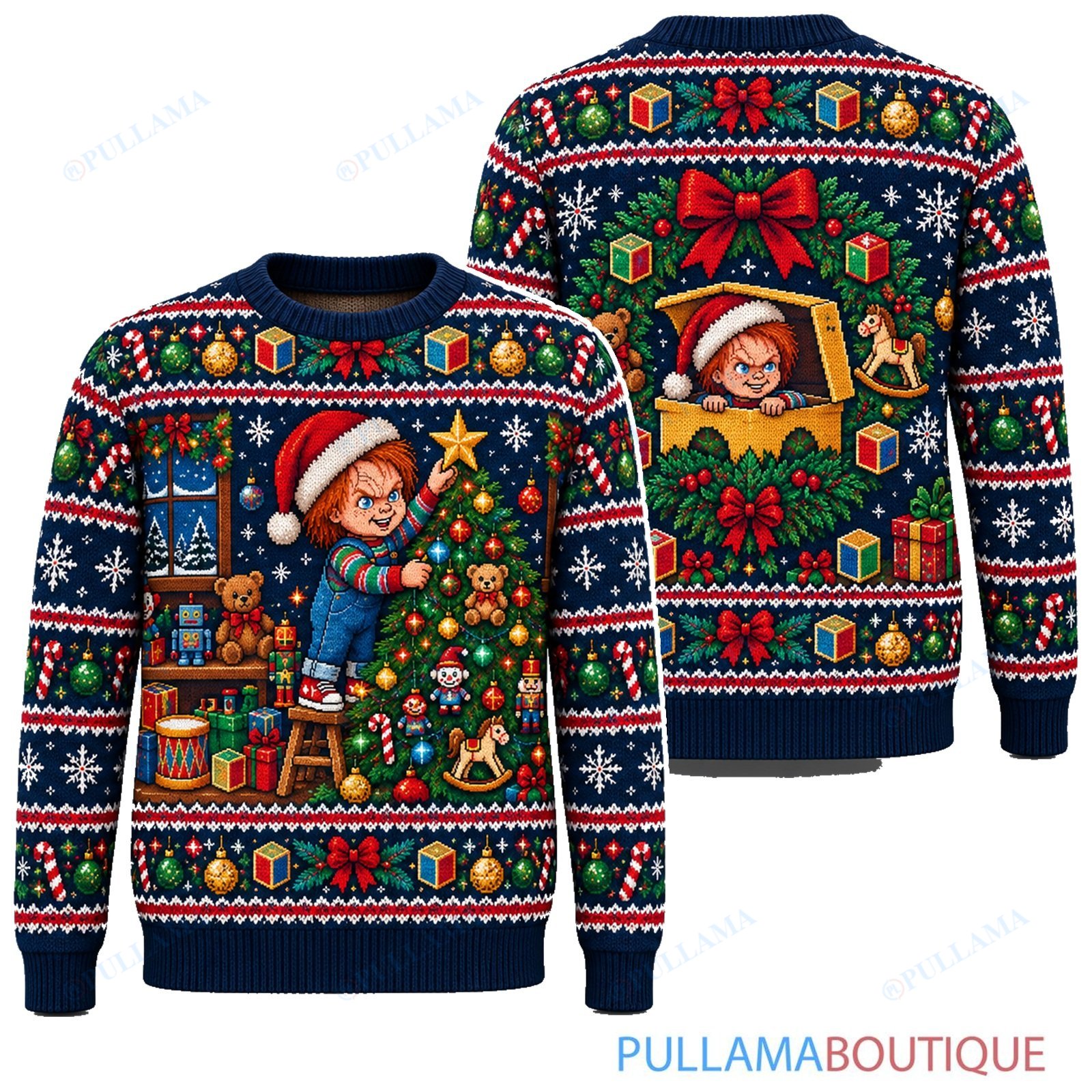Chucky Christmas Tree Decorating ugly christmas sweater