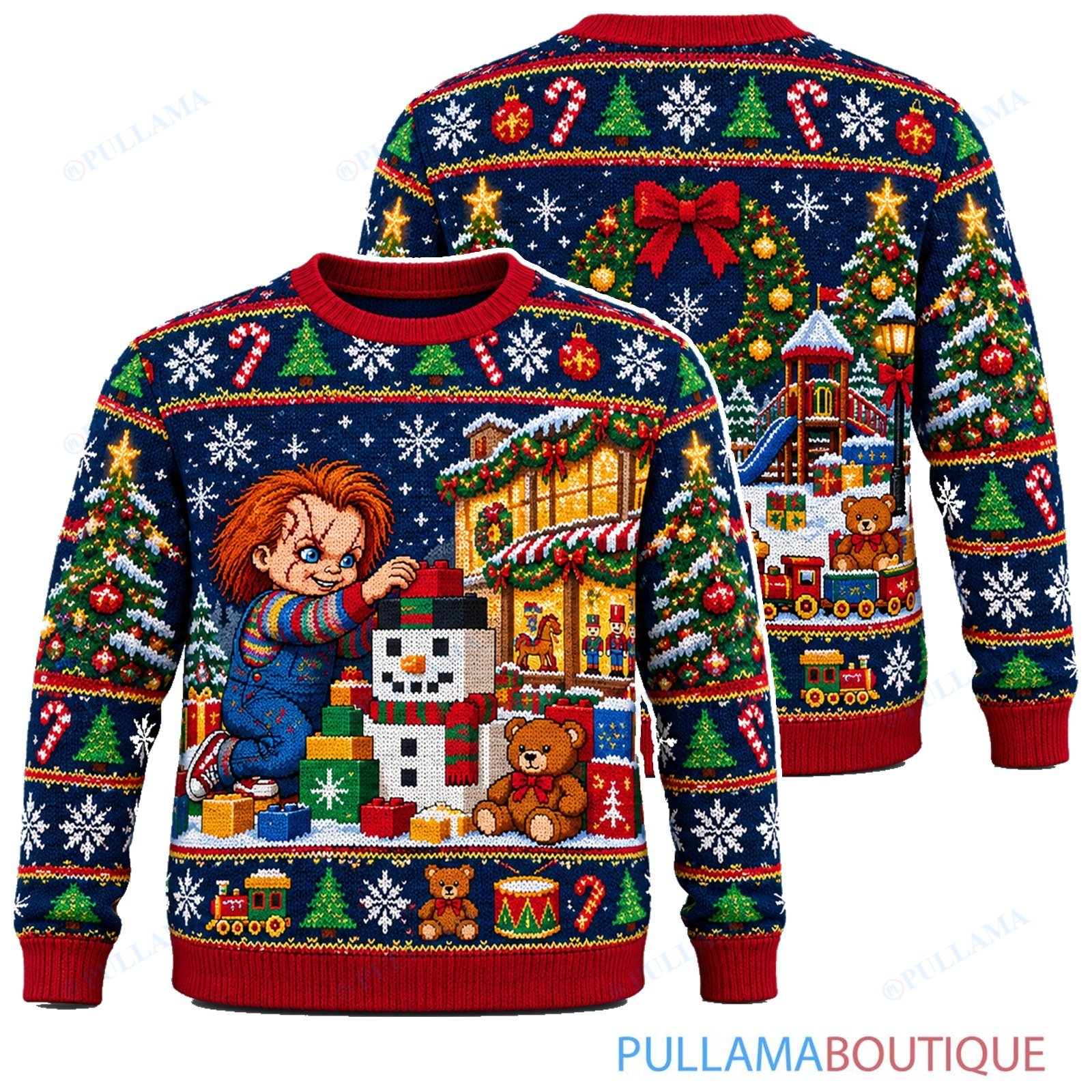 Chucky Snowman Building ugly christmas sweater