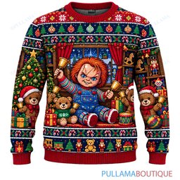 Chucky Christmas Teddy Bear Party ugly christmas sweater