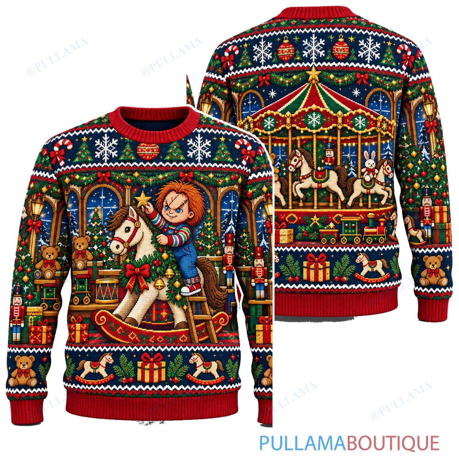 Chucky Rocking Horse Christmas ugly christmas sweater