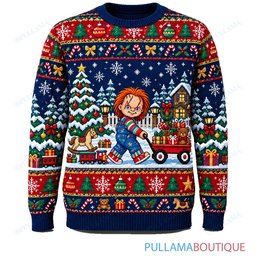 Chucky Snowy Village Gift Delivery ugly christmas sweater
