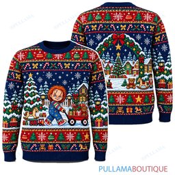 Chucky Snowy Village Gift Delivery ugly christmas sweater