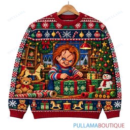 Chucky Christmas Gift Wrapping ugly christmas sweater