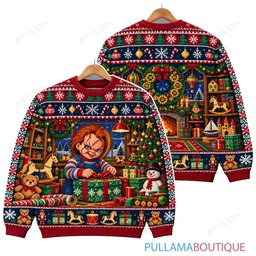 Chucky Christmas Gift Wrapping ugly christmas sweater