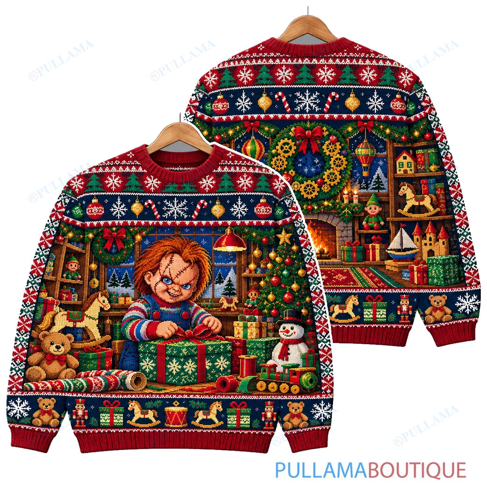 Chucky Christmas Gift Wrapping ugly christmas sweater