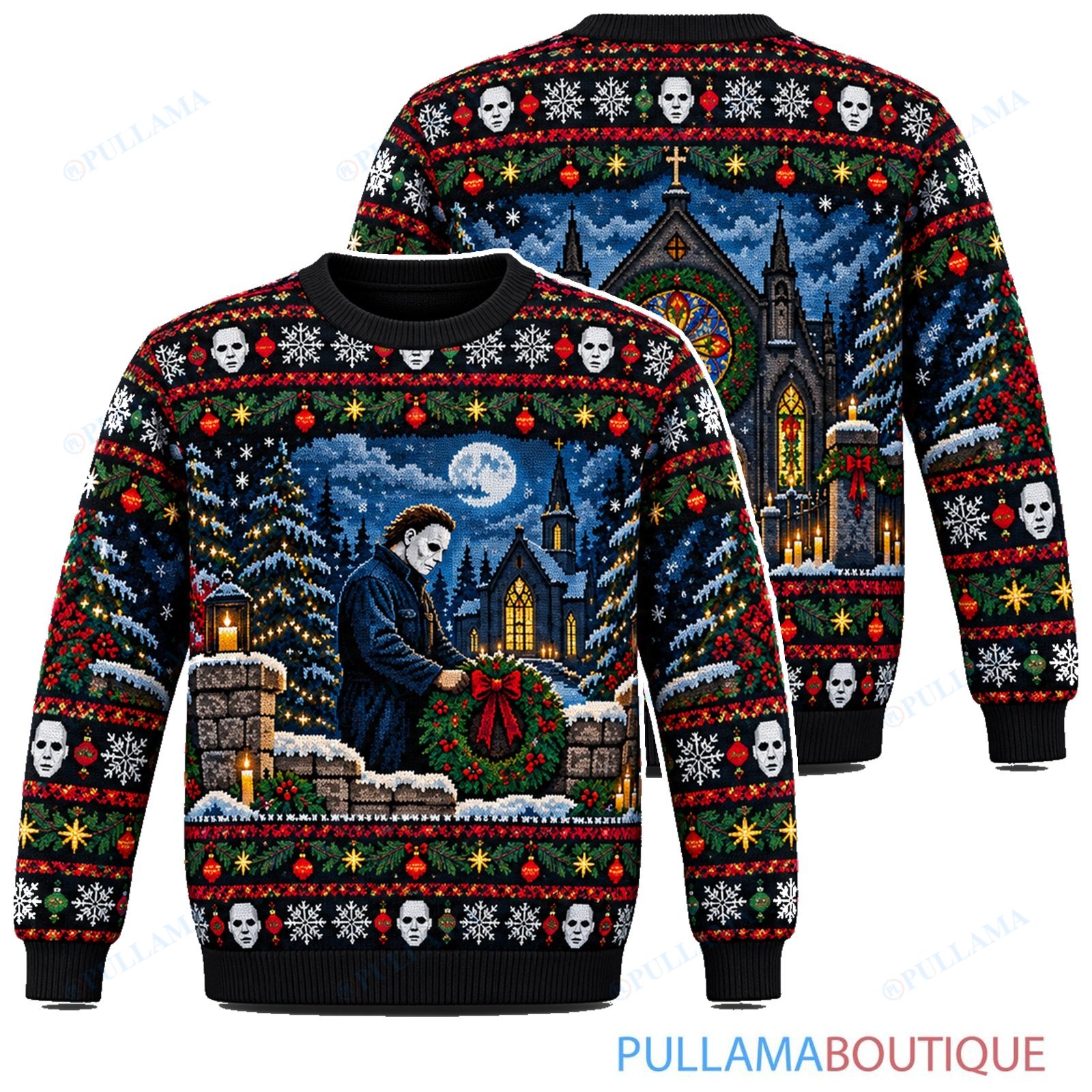 Michael Myers Graveyard Christmas Wreath ugly christmas sweater