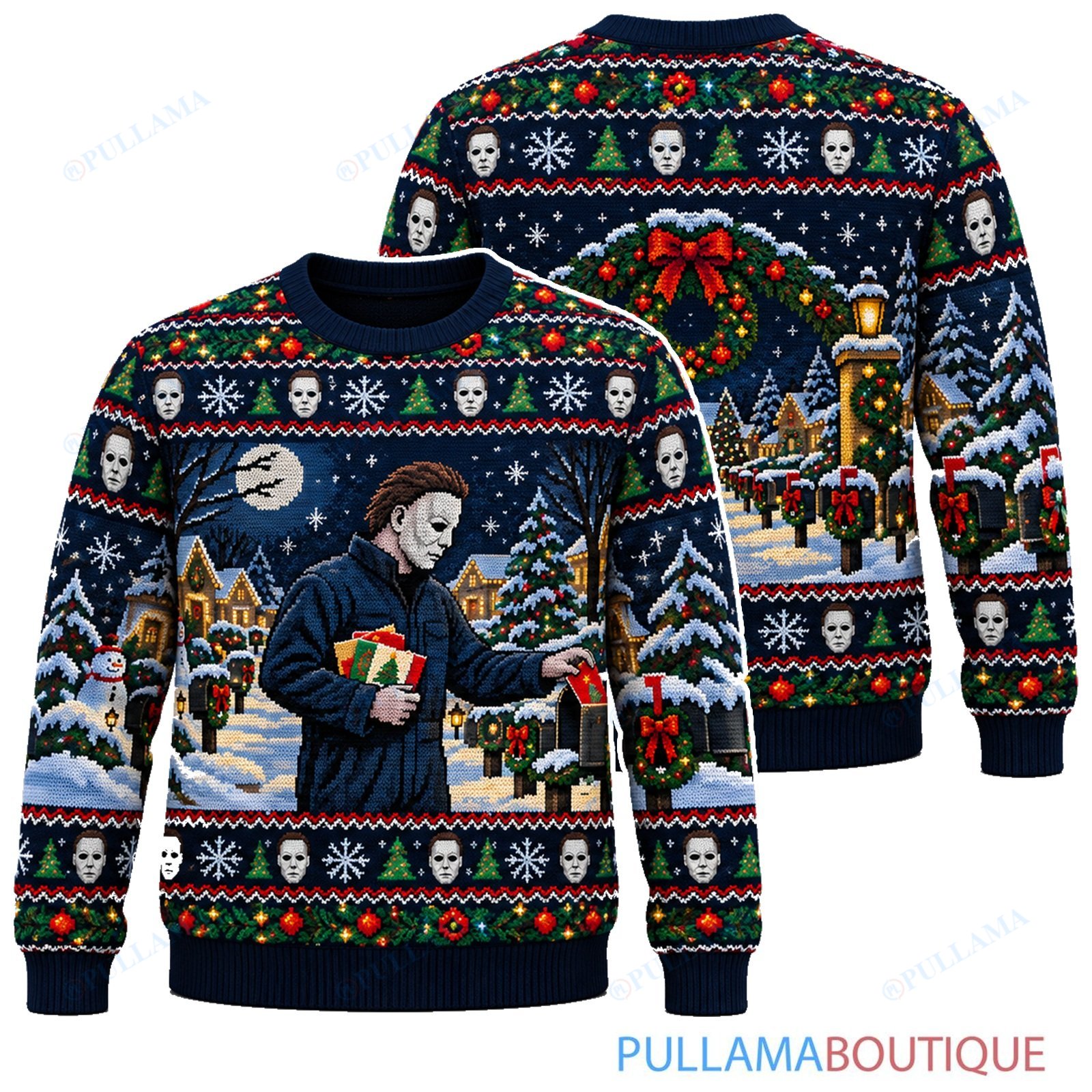 Michael Myers Snowy Village Gift Walk ugly christmas sweater