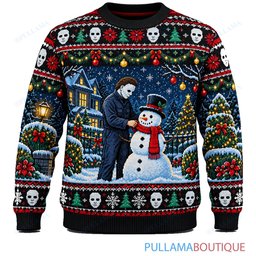 Michael Myers Snowman Building ugly christmas sweater
