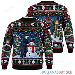 Michael Myers Snowman Building ugly christmas sweater