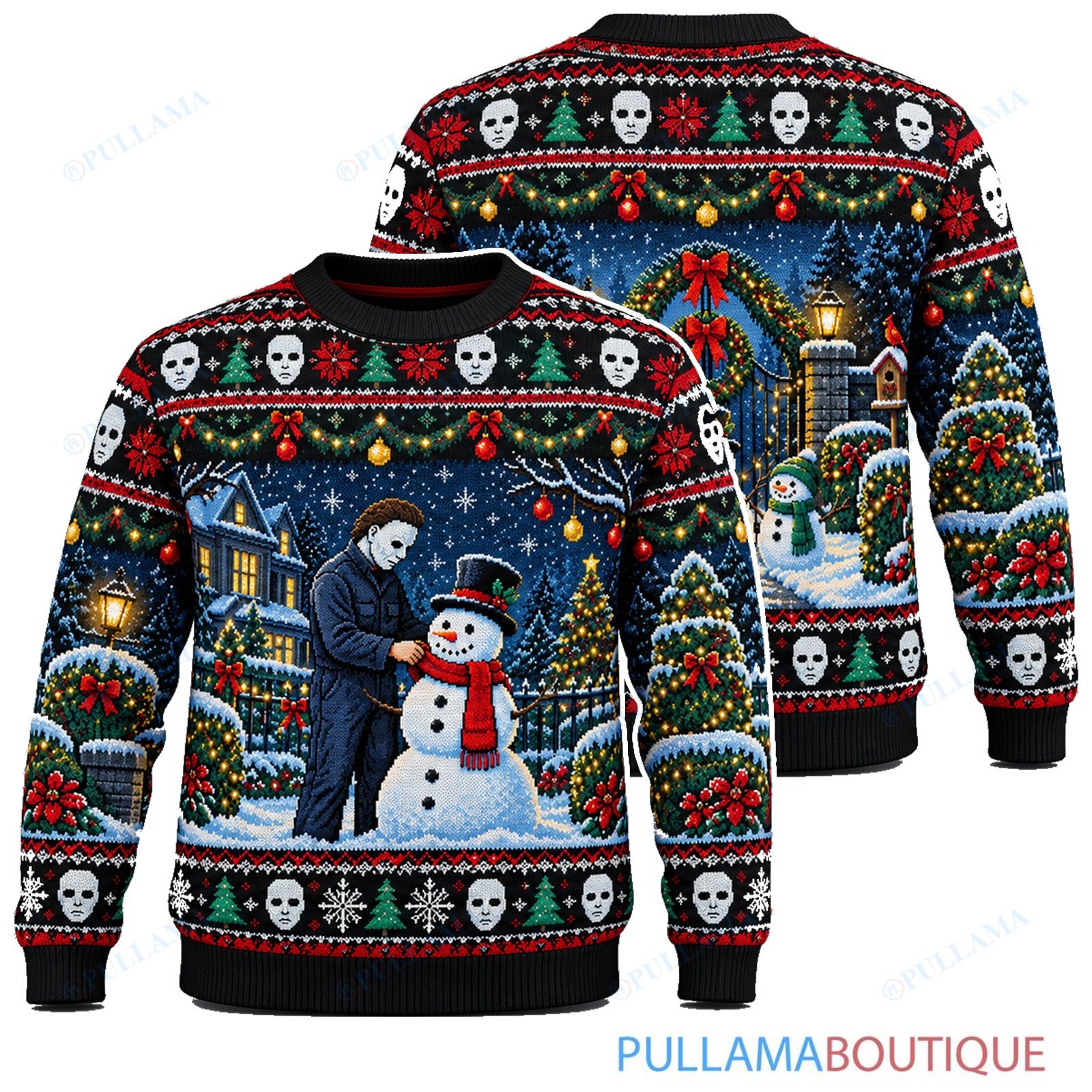 Michael Myers Snowman Building ugly christmas sweater
