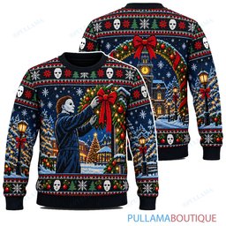 Michael Myers Town Square Wreath Decorating ugly christmas sweater