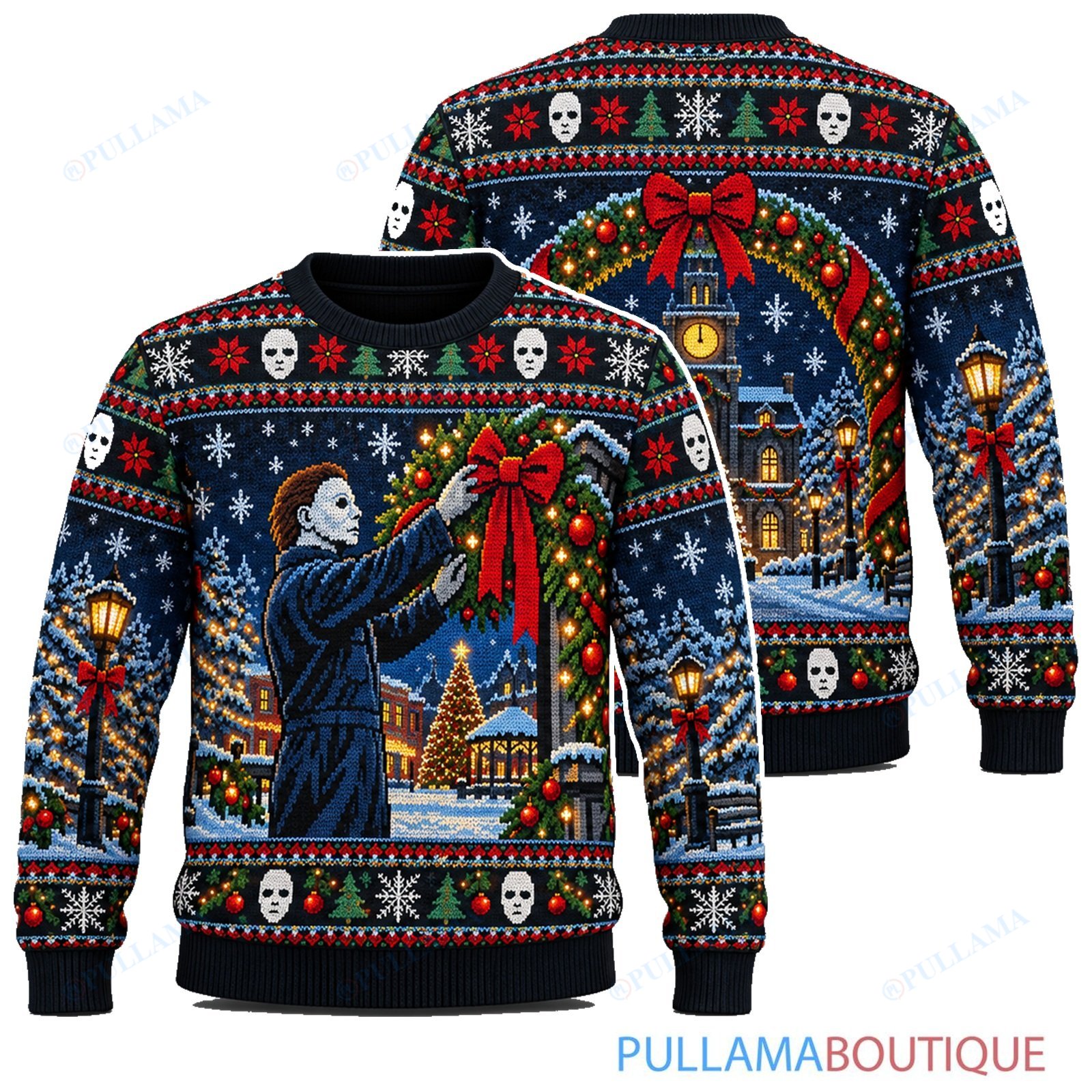 Michael Myers Town Square Wreath Decorating ugly christmas sweater