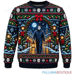 Michael Myers Holiday Doorway Forest ugly christmas sweater