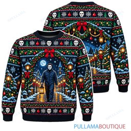 Michael Myers Holiday Doorway Forest ugly christmas sweater