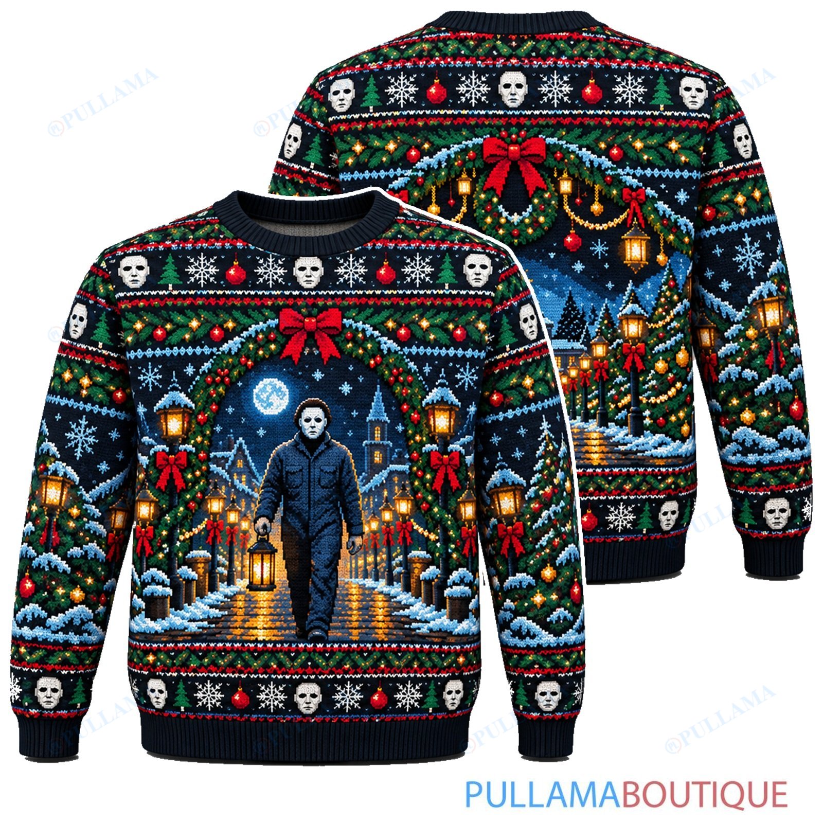 Michael Myers Holiday Doorway Forest ugly christmas sweater