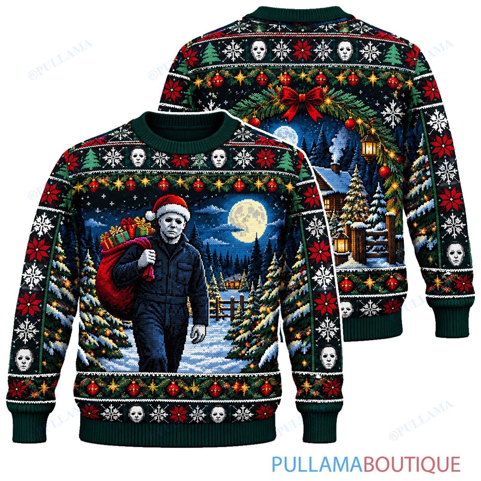 Michael Myers Moonlit Cabin Gift Delivery ugly christmas sweater