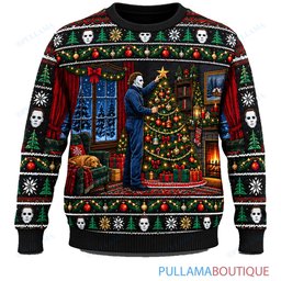 Michael Myers Christmas Tree Decorating ugly christmas sweater